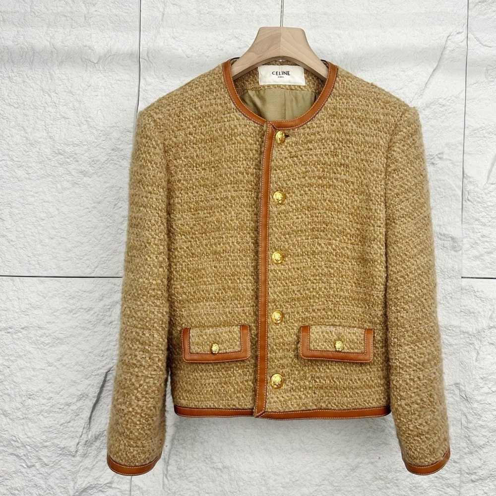 Authentic Celine Camel Bouclé Jacket with Leather Trim